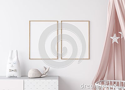 Close up for mock up wooden frame in Scandinavian kids bedroom with white wooden crib for newborn baby. Stock Photo