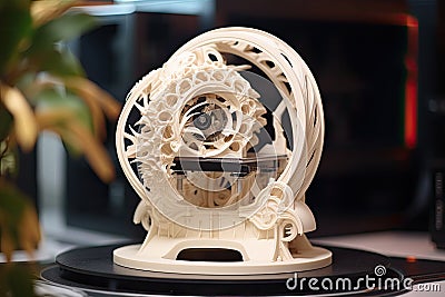 Close-up of a model of a 3D printer on a table, The 3D printing machine make the 3D prototype model by resin material, AI Stock Photo