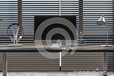 Close up of modern creative designer office interior with empty computer screen, headphones and other items on desktop. Blinds and Editorial Stock Photo