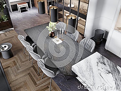 Close-up of a modern dining table with textured wood finish, elegant chairs, and stylish pendant lights. Overhead view highlights Cartoon Illustration