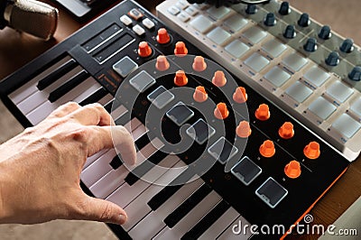 Close-up. Modern midi keyboard. Professional equipment for recording studio, music studio. Professional activity of a sound Stock Photo