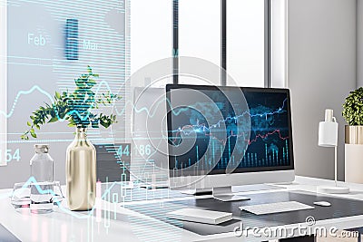 Close up of modern office desktop with items, computer and forex chart. Stock Photo