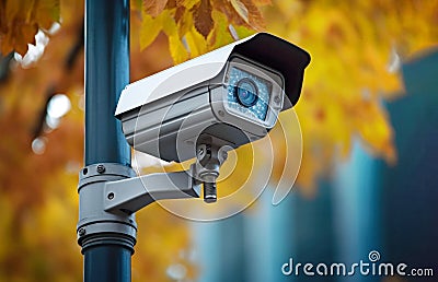 Close-up of a modern security camera surveilling an autumn park. Generative AI illustration Cartoon Illustration