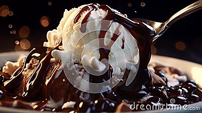 A close-up of molten hot fudge being drizzled over a scoop of vanilla ice cream in Stock Photo