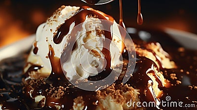 A close-up of molten hot fudge being drizzled over a scoop of vanilla ice cream in Stock Photo