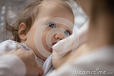Close up of mom breastfeed newborn baby daughter Stock Photo