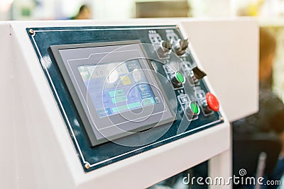 Close up monitor and many push button of control panel for modern and high technology of automatic publication or printing machine Stock Photo