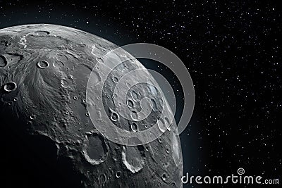 Close-up of the moon revealing intricate details of its surface, against the dark star-filled sky., with copy space. Generative AI Stock Photo