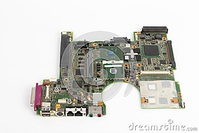 Close up of motherboard laptop with USB , PS2, RJ-11, RJ-45, audio, microphone port on white background Stock Photo