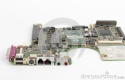 Close up of motherboard laptop with USB , PS2, RJ-11, RJ-45, audio, microphone port on white background Stock Photo