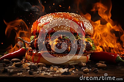 Close up of mouthwatering burger in cozy evening setting, food photography in interior ambiance Stock Photo