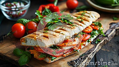 Close up of mouthwatering melted cheese sandwich on a rustic wooden serving board Stock Photo