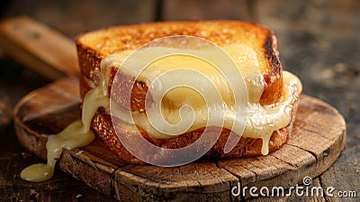 Close up of a mouthwatering melted cheese sandwich served on a charming rustic wooden board Stock Photo