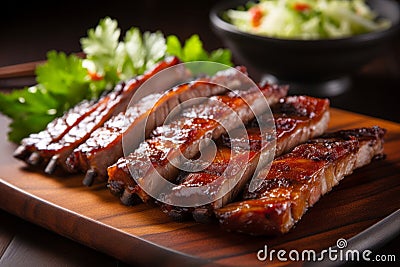 Close up of mouthwatering roasted bbq pork ribs, featuring tender and flavorful slices Stock Photo