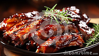 Close up of mouthwatering roasted sliced barbecue pork ribs, a delicious and tantalizing dish Stock Photo