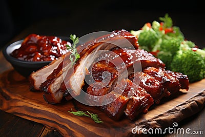 Close up of mouthwatering roasted sliced barbecue pork ribs, with succulent and flavorful meat Stock Photo