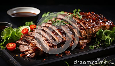 Close up of mouthwatering roasted sliced barbecue pork ribs, with succulent and tender meat Stock Photo