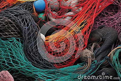 close-up of multicolored fishing nets stacked on a boat deck Stock Photo