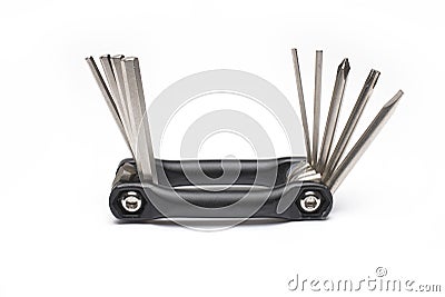 multitool bicycles attachments wrenches screwdrivers white background Stock Photo