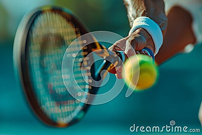 Close-up of muscular hands holding a tennis racket and hitting a ball. The image is generated with the use of an AI. Stock Photo