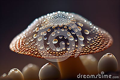 close-up of mushroom cap, with droplets of water beading on the surface Stock Photo