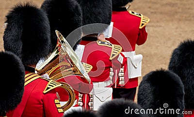 Massed band at the Trooping the Colour parade at Horse Guards, London UK, with reflection in the trumpet. Editorial Stock Photo