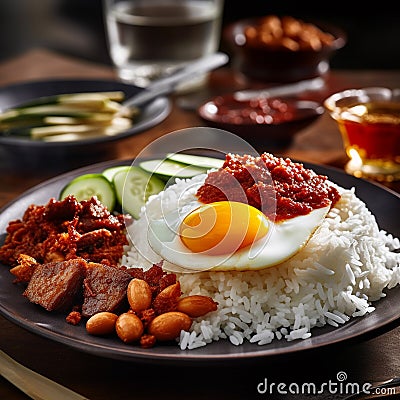 Nasi lemak with sunny egg and sauce Malaysian food Generative AI Stock Photo