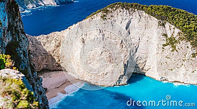 Close up of Navagio beach, Zakynthos island, Greece. Shipwreck bay with turquoise water and white sand beach. Famous Stock Photo