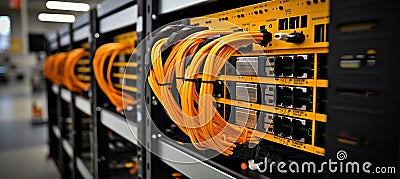 Close up of neatly arranged network ethernet cables plugged into a switch for seamless connectivity Stock Photo