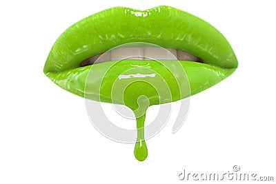 Close-up of neon green lip-gloss dripping from woman's lips over white background Stock Photo