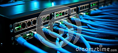 Close up of network ethernet cables plugged into switch for high speed internet connection Stock Photo
