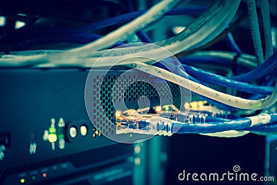 Close up of network internet cables, patch cords connected Stock Photo