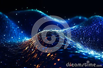 Close up of network line of connecting stream with wave of particles representing information technology on dark Stock Photo