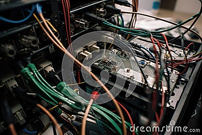 close-up of networked sensors and monitoring equipment, with wires and cables visible Stock Photo