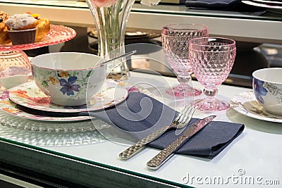 A close-up of the new autumn collection of ceramic tableware from the famous brand Villeroy & Boch, displayed in a window in a Editorial Stock Photo