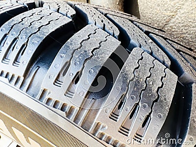 Close-up of new touring winter tyre mounted Stock Photo