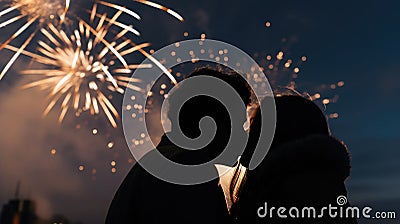 Close-up of a New Year's kiss, blurred background of fireworks in the sky. Silhouette of a loving couple. Stock Photo