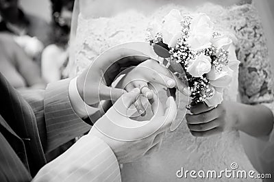 Close-up of newly-married putting on rings Stock Photo