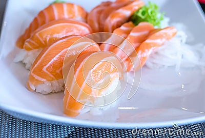 Close up of nigiri sushi with salmon fish on top of it Stock Photo