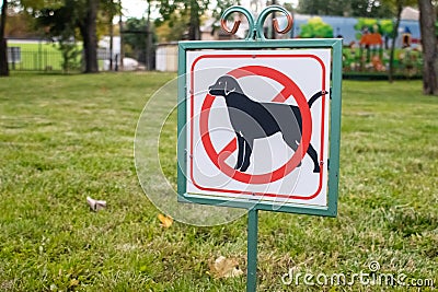 Close-up of no dog sign. Street pointer on a background of green grass. Ban on defecation and running of pets on park lawns and Stock Photo