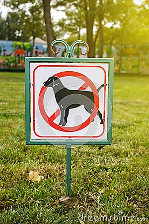 Close-up of no dog sign. Street pointer on a background of green grass. Ban on defecation and running of pets on park lawns and Stock Photo