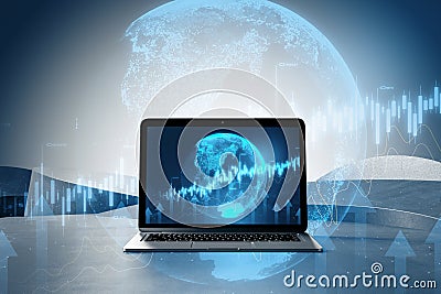 Close up of notebook with abstract globe and forex chart on blurry background. Finance statistics and data Analytics. Stock Stock Photo