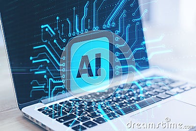 Close up of notebook with abstract glowing AI chip on blurry background. Artificial intelligence and innovation concept. Double Editorial Stock Photo