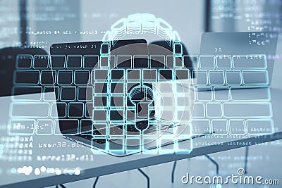 Close up of notebook computer on desktop with abstract glowing secure web keyboard safety and protection hologram on blurry Stock Photo