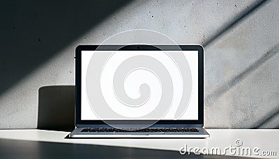 Close up of notebook computer with empty mock up screen placed on desk. Concrete wall with shadows in the background. 3D Rendering Cartoon Illustration