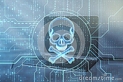 Close up of notebook with glowing digital circuit binary code skull on blurry workplace background. Hacking, piracy, malware and Stock Photo