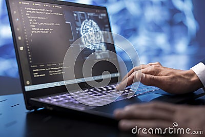 Close up of notebook used by admin to do data mining with AI Stock Photo