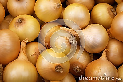 A close-up of numerous yellow onions with dry, papery skins, filling the frame with their golden tones. Cartoon Illustration