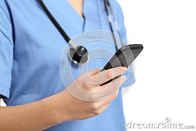 Close up of a nurse hand using a smart phone Stock Photo