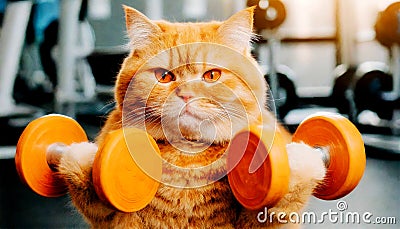 Obese Orange Cat Lifting Weights in Order to Lose Weight - Generative Ai Stock Photo